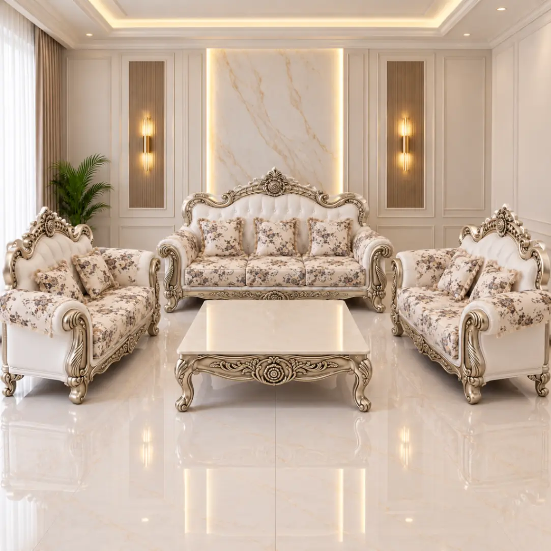 Haryana Traders Royal Classic 3+2+2 Sofa Set with Carved Designer Frame