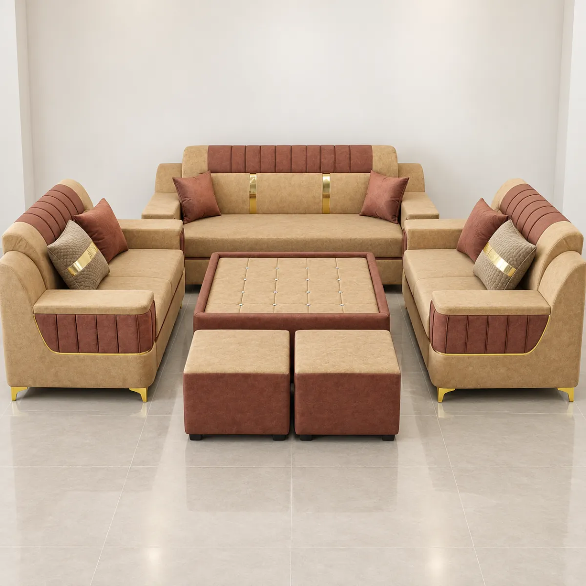 Haryana Traders Premium Beige & Brown Upholstered Sofa Set