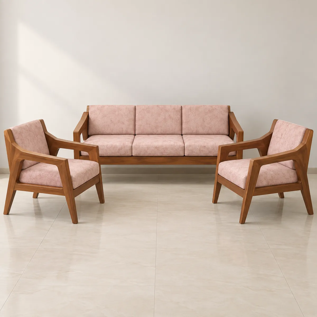 Haryana Traders Modern 3+1+1 Wooden Frame Sofa Set – Pink Upholstery