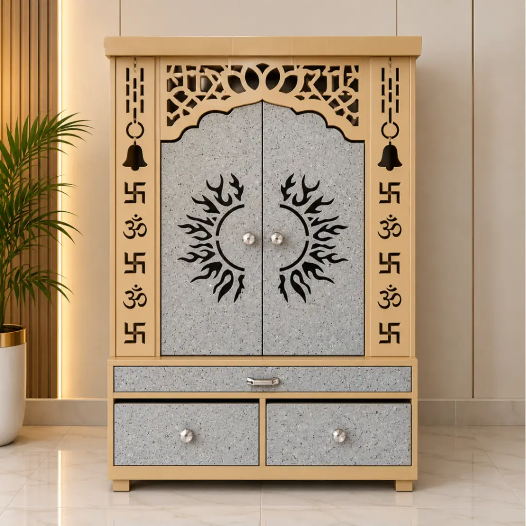 Haryana Traders MDF & HDHMR Designer Pooja Mandir with 3-Drawer Storage – Beige & Grey