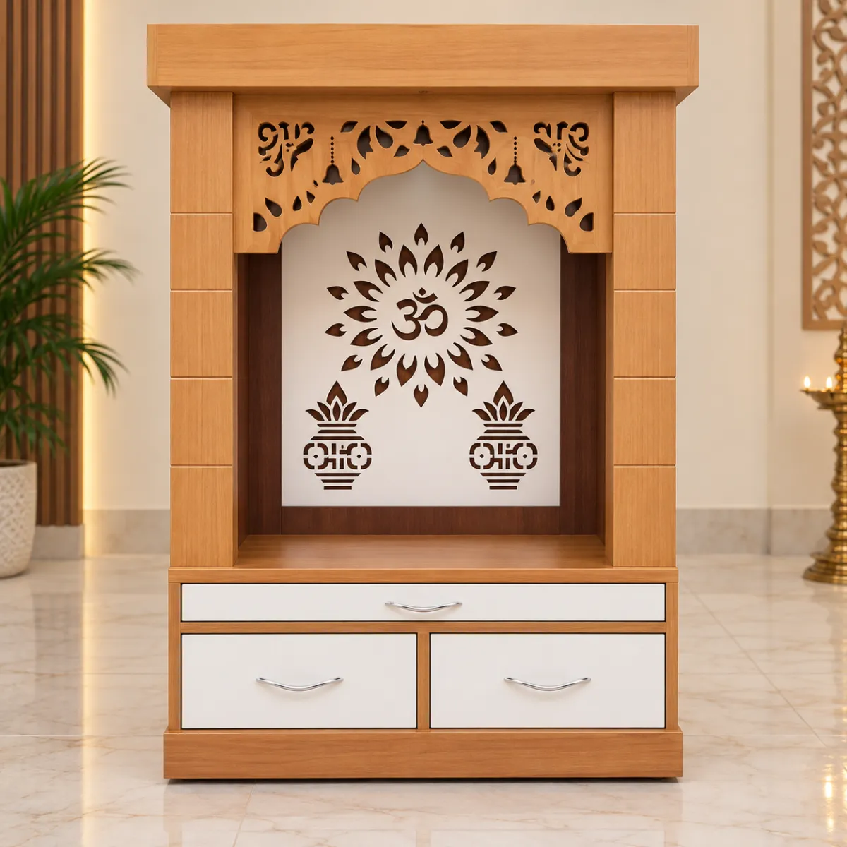 Haryana Traders MDF & HDHMR Designer Pooja Mandir with 3-Drawer Storage – Wood Finish