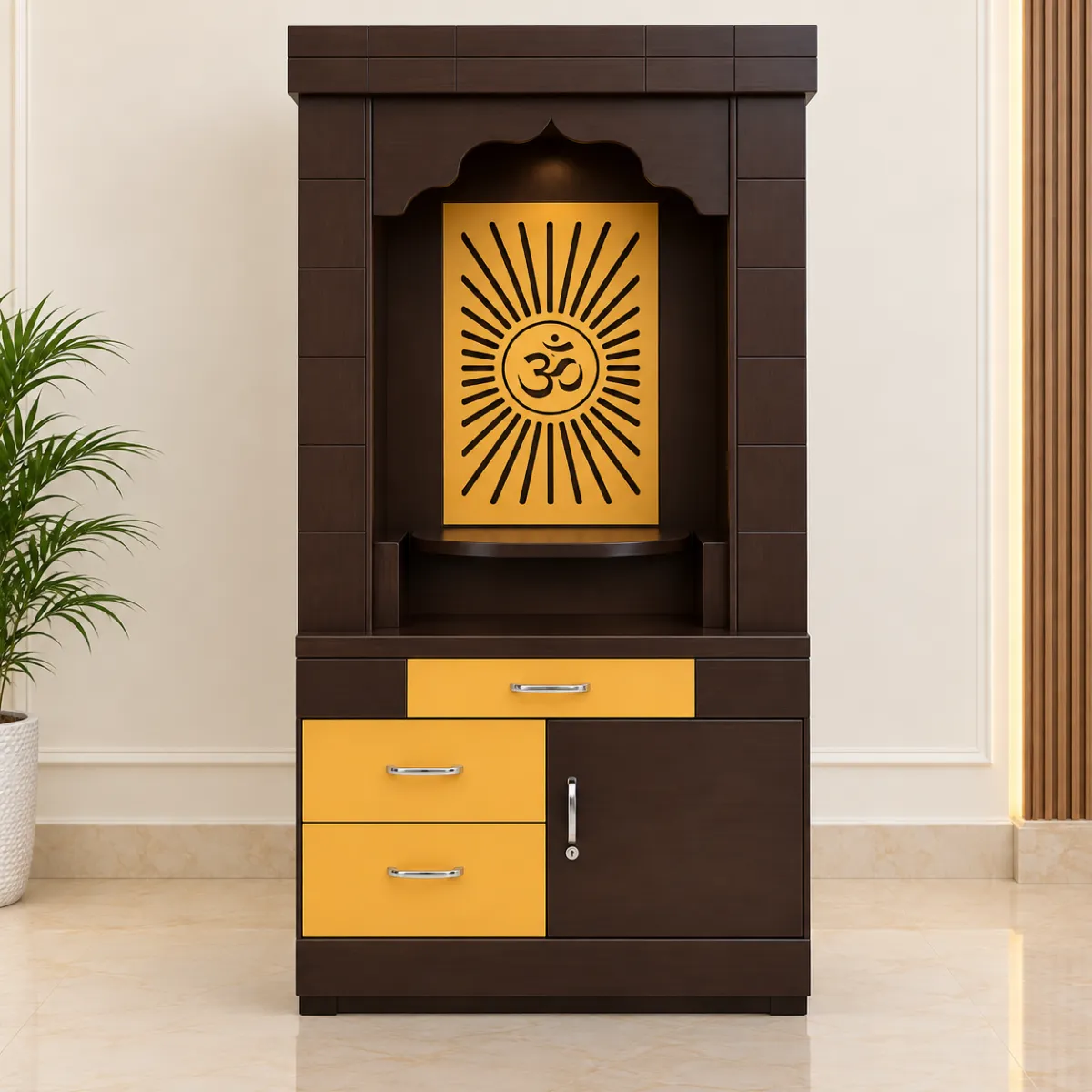 Haryana Traders MDF & HDHMR Designer Pooja Mandir with Om Panel & Storage – Brown & Gold