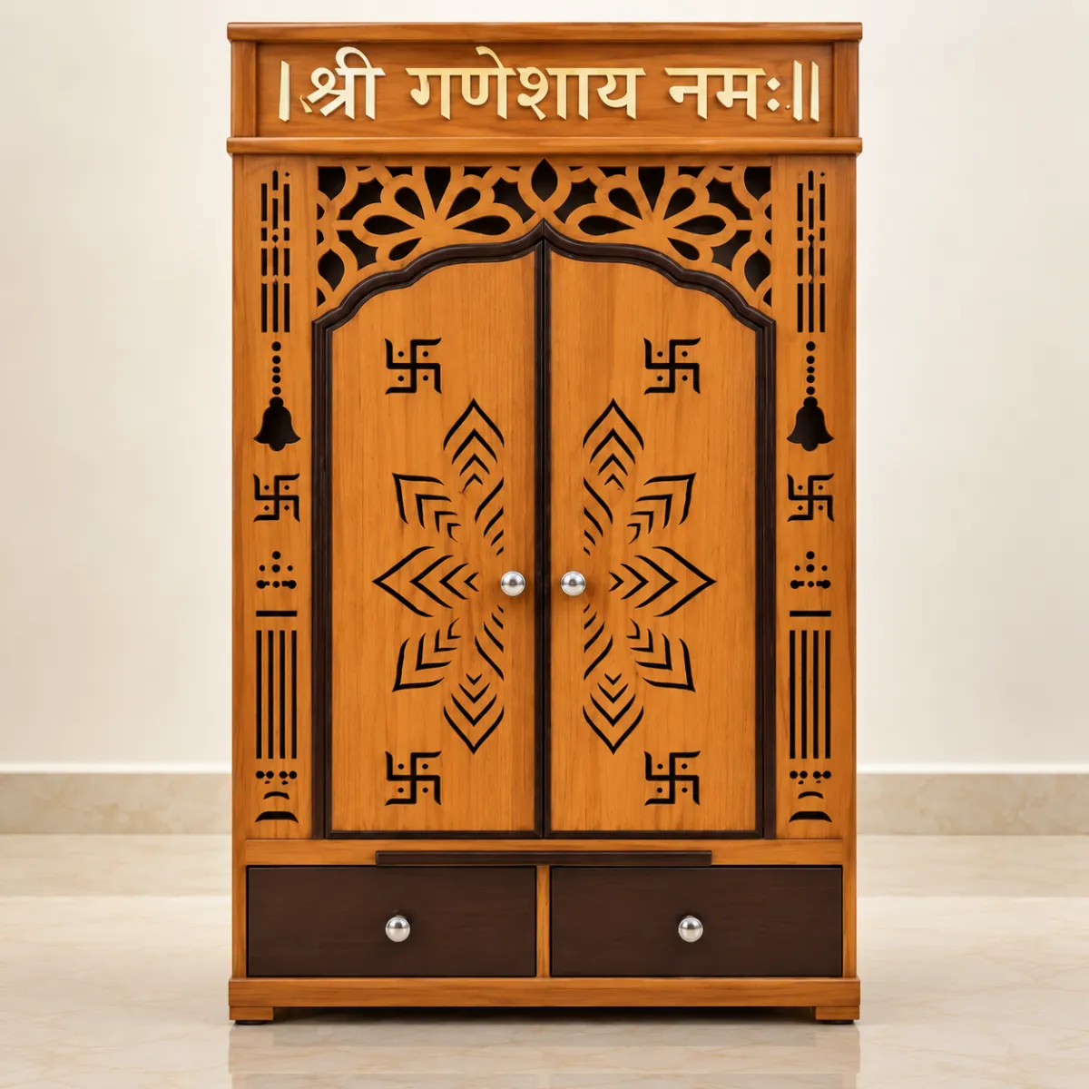 Haryana Traders MDF & HDHMR Designer Pooja Mandir with Double Doors & 2-Drawer Storage