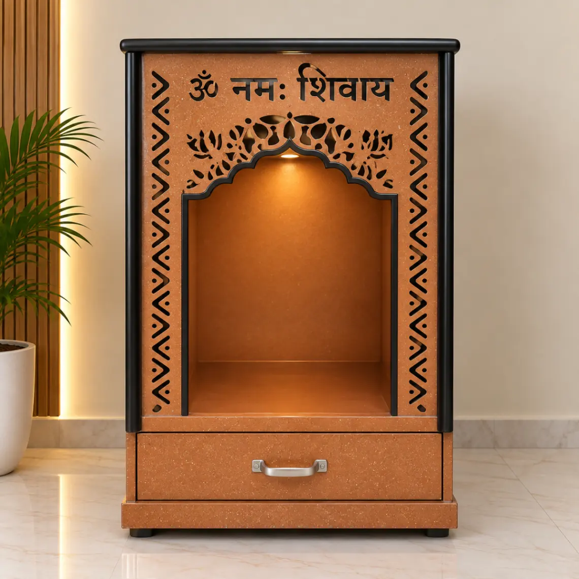 Haryana Traders Compact MDF & HDHMR Shiv Pooja Mandir with Drawer – Copper Finish