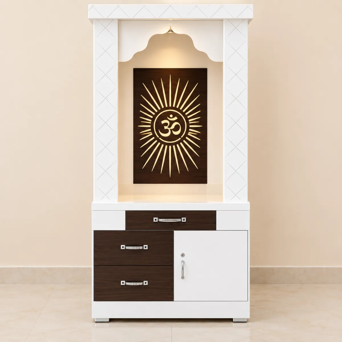 Haryana Traders MDF & HDHMR Designer Pooja Mandir with Om Backlit Panel & Storage