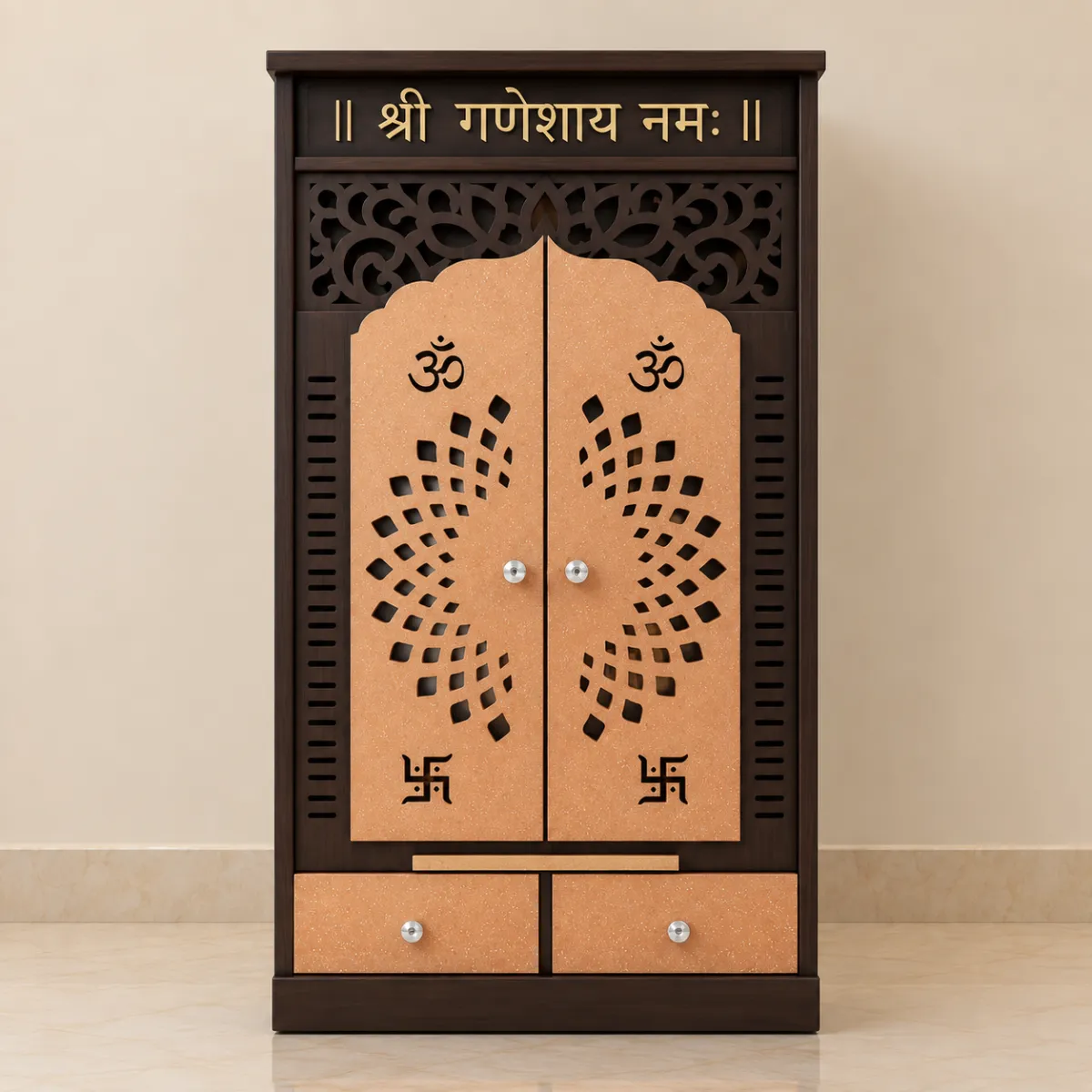 Haryana Traders MDF & HDHMR Designer Pooja Mandir with Double Doors & श्री गणेशाय नमः panel