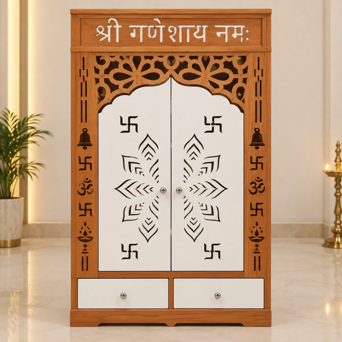 Haryana Traders Lotus Jaali Ganesh Mandir with Designer White Double Doors