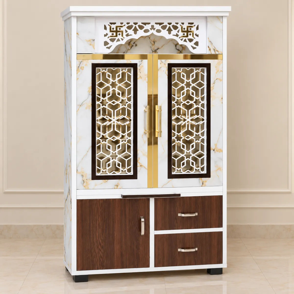 Haryana Traders Pooja Mandir with Gold Jaali Doors, Marble Finish & Storage