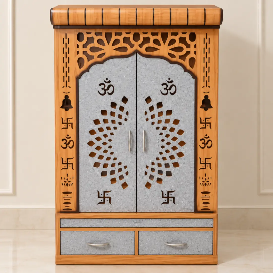 Haryana Traders Wooden Pooja Mandir with Om Cutwork Grey Doors & 2 Drawers