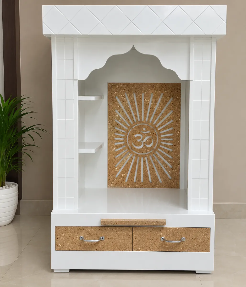 Haryana Traders White Om Mandir with Sunburst Panel, Side Shelves & 2 Drawers