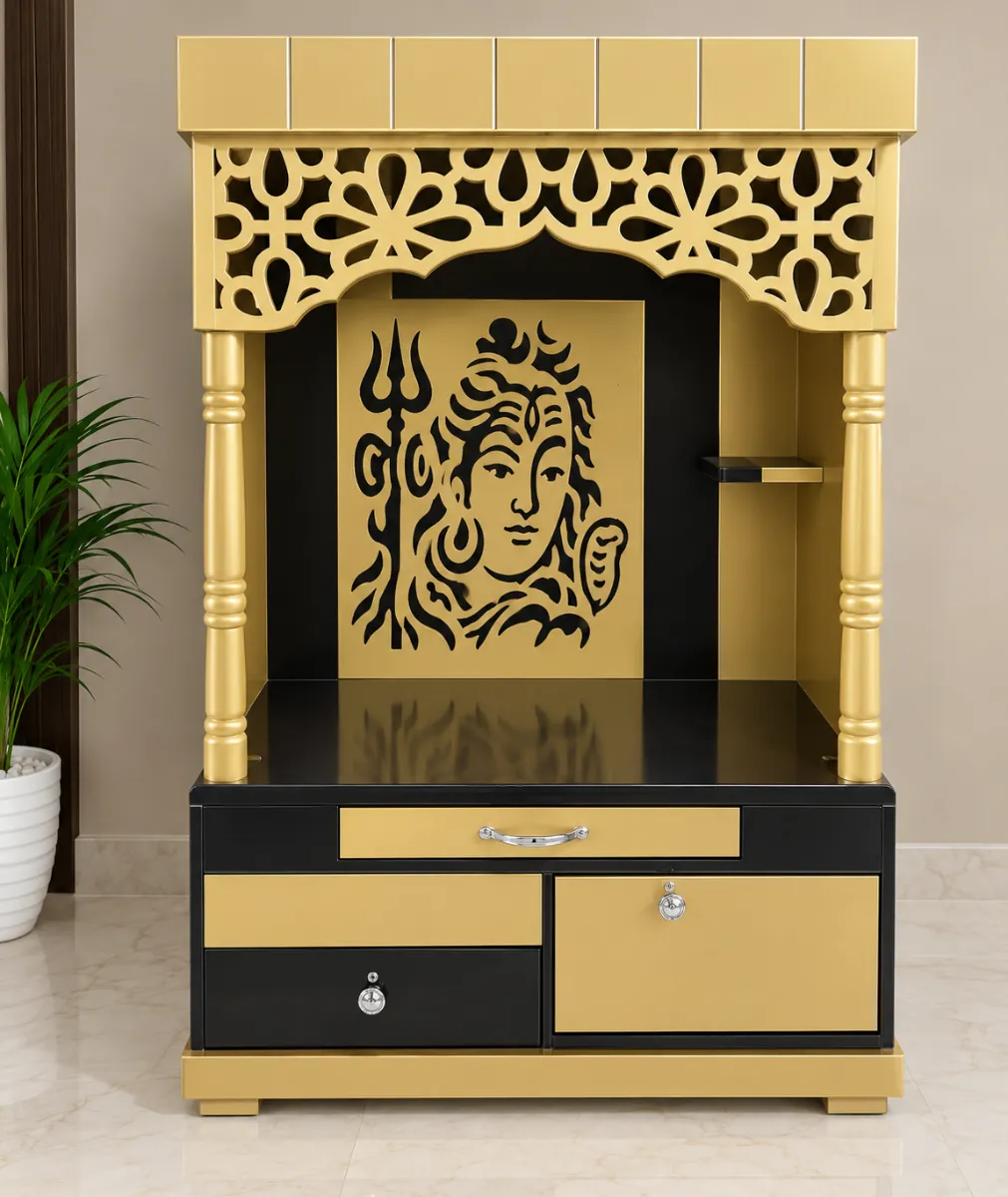 Haryana Traders Bholenath Mandir with Gold Jaali Arch & Black Storage Base