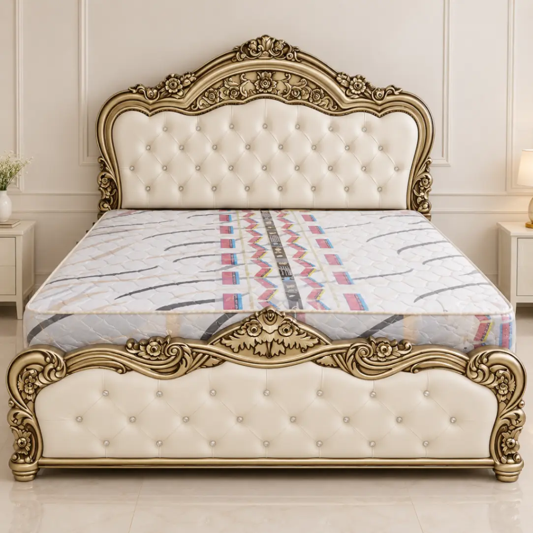 Haryana Traders Royal Carved Bed with Tufted Headboard & Gold Finish