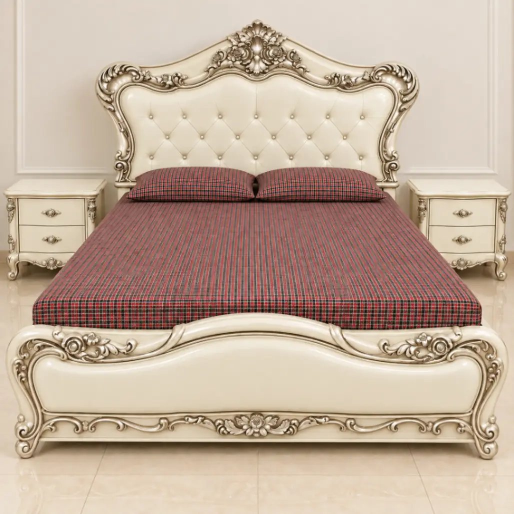 Haryana Traders Royal Carved Bed with Tufted Headboard & Antique Finish
