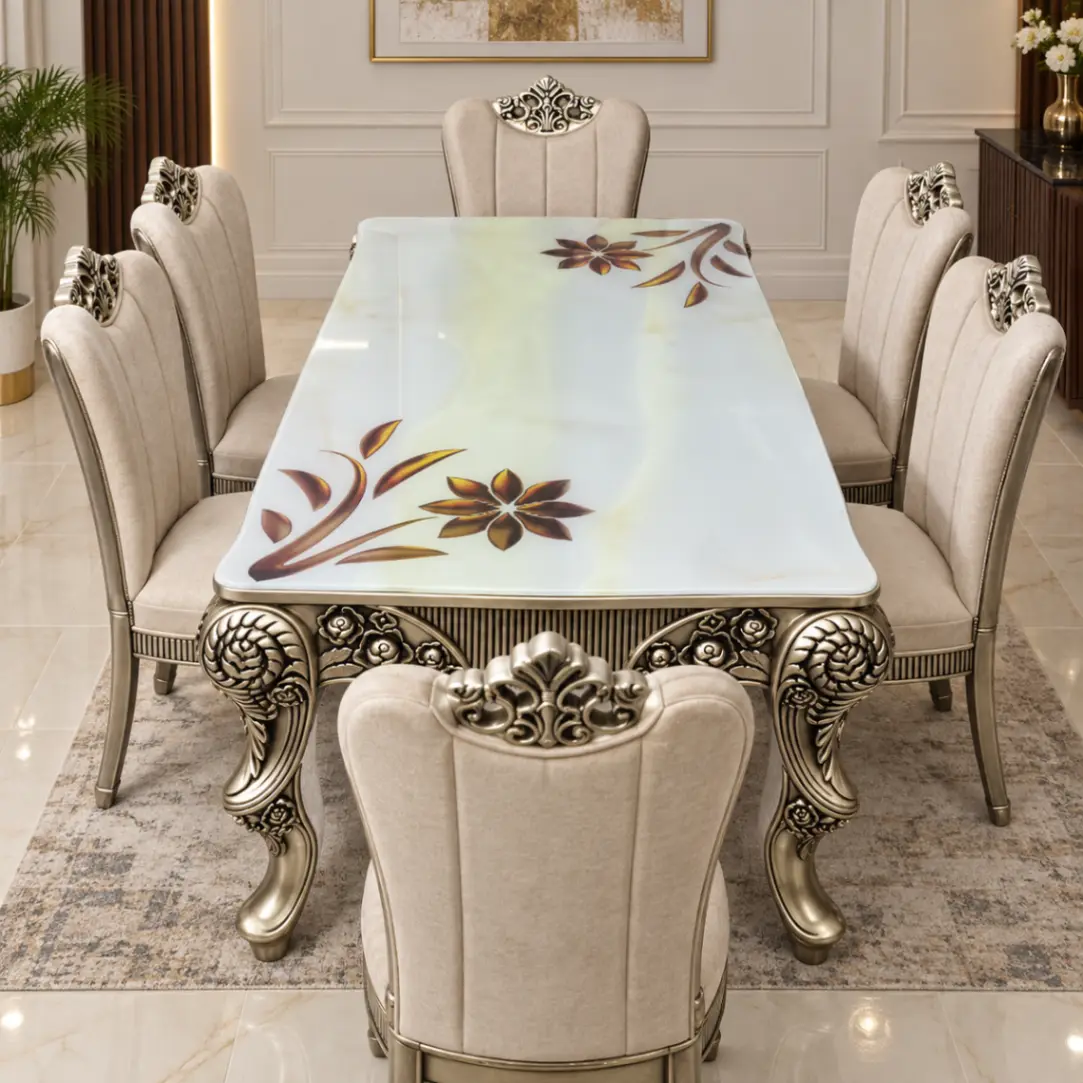 Haryana Traders Royal 6 Seater Dining Set with Floral Top & Carved Base