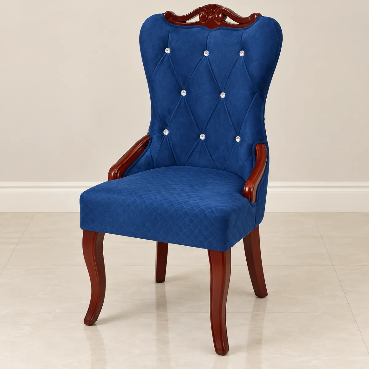 Haryana Traders Royal Blue Tufted Dining Chair with Wooden Arms