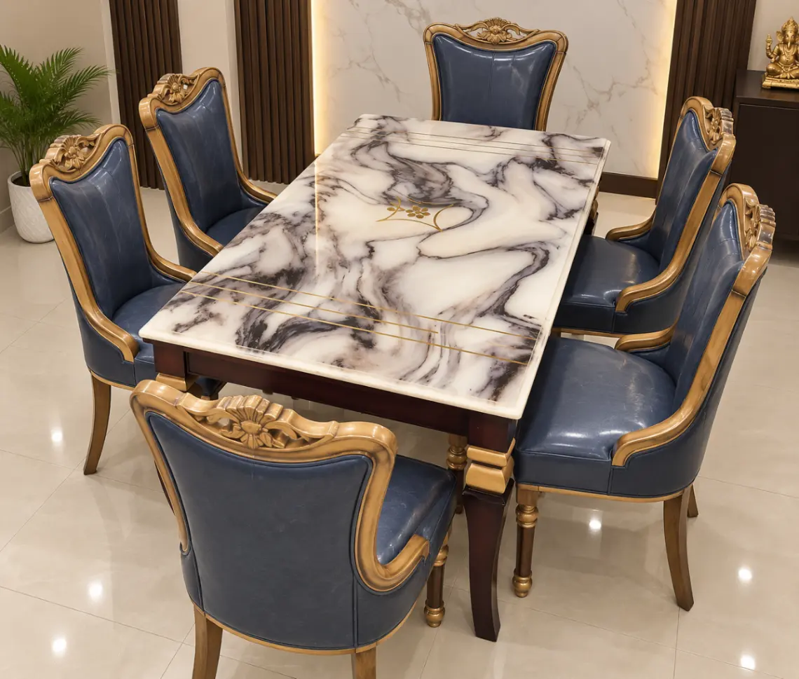 Haryana Traders 6 Seater Marble-Look Dining Set with Blue Royal Chairs