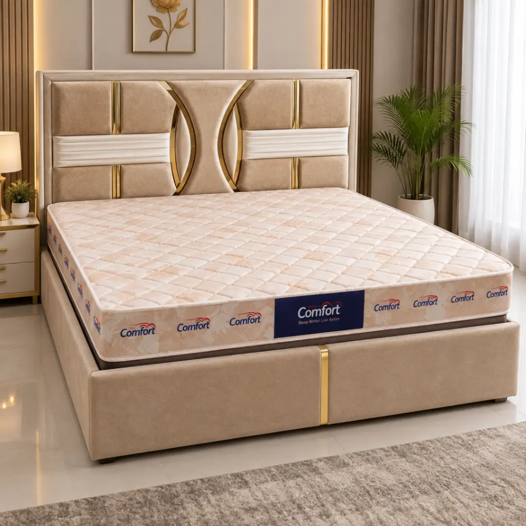 Haryana Traders Beige Upholstered Bed with Geometric Y Headboard