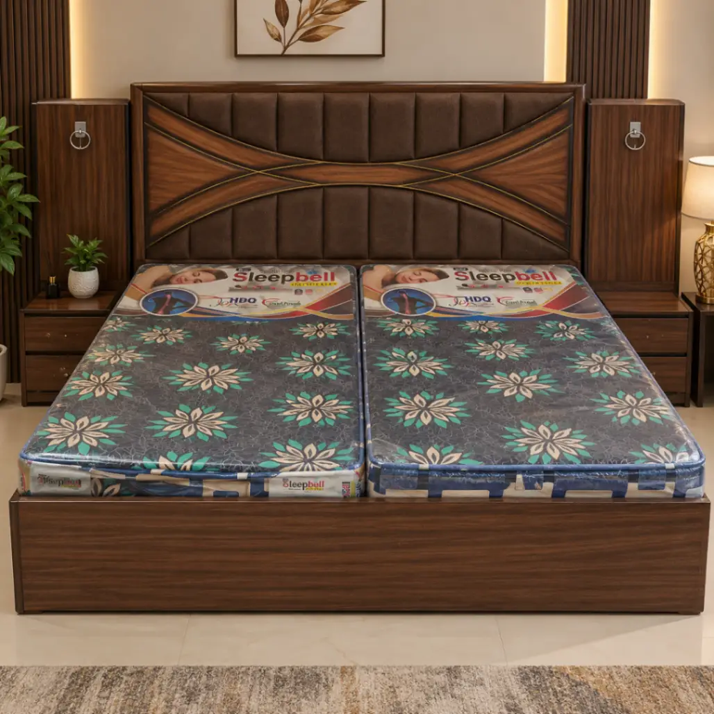 Haryana Traders Wooden Bed with Curved Cross Headboard & Gold Accents