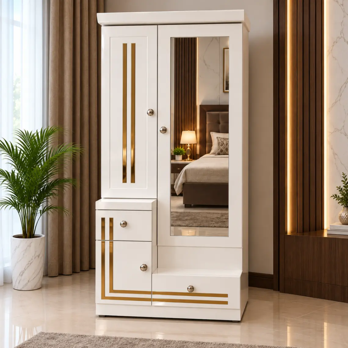 Haryana Traders White Dressing Table with Full Mirror, Cabinet & Gold Accents