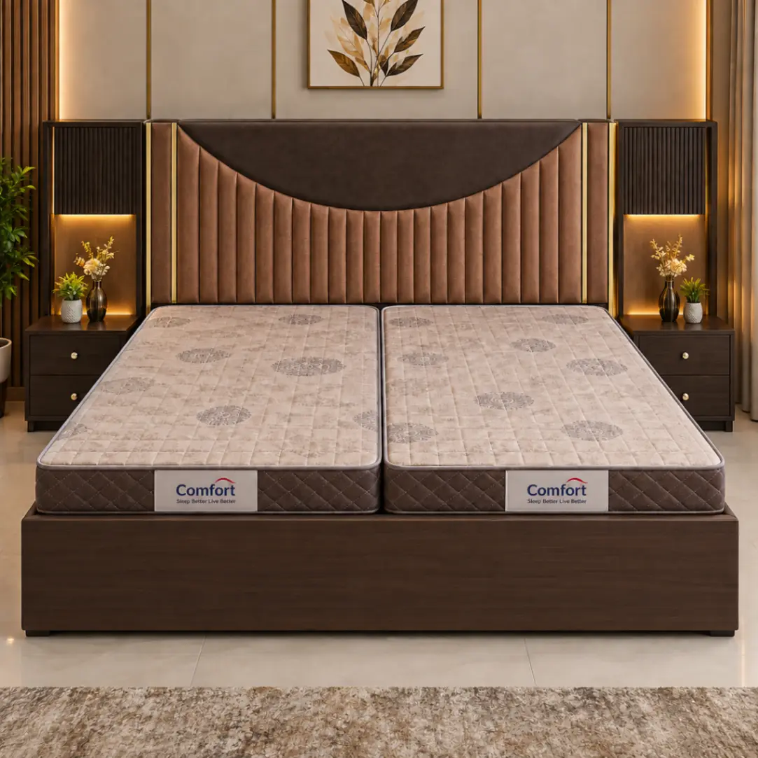 Haryana Traders Dark Wood Bed with Curved Upholstered Panel Headboard