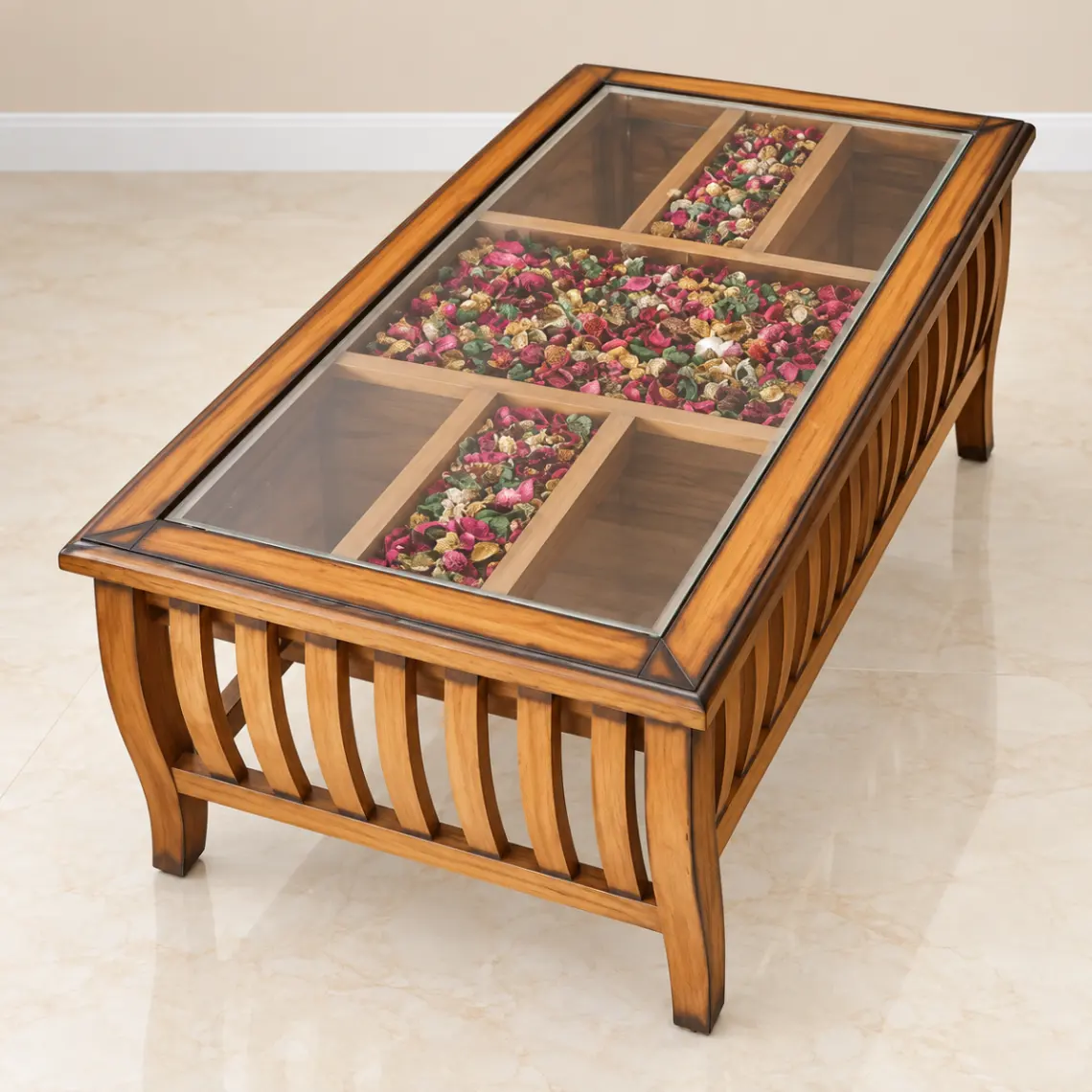 Haryana Traders Wooden Glass Top Center Table with Floral Display Design