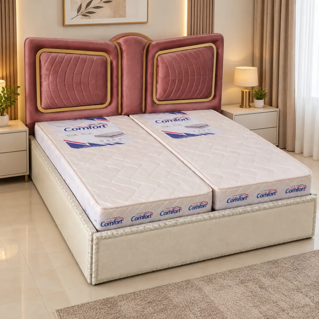 Haryana Traders Pink Upholstered Double Bed with Gold-Framed Designer Headboard