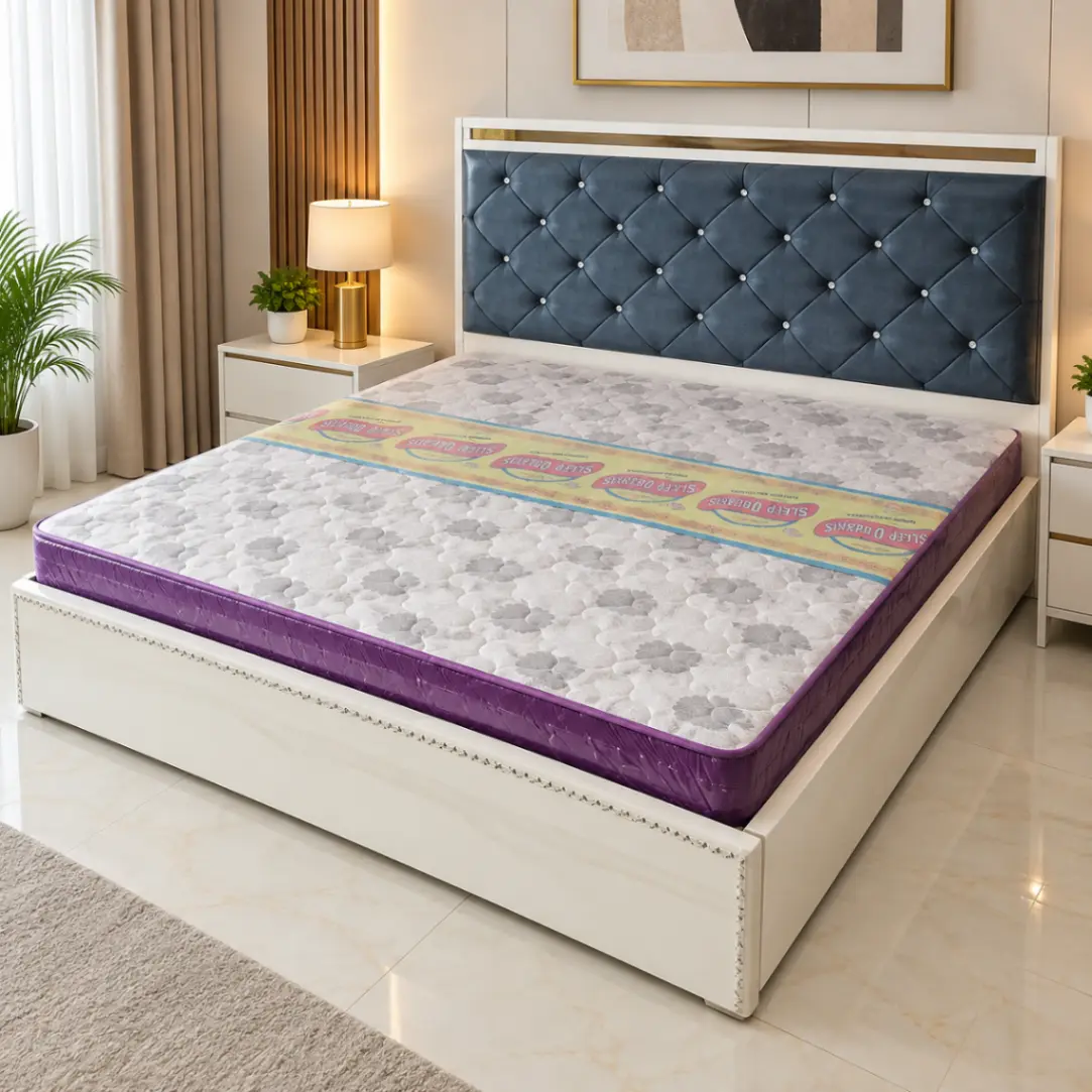 Haryana Traders White Double Bed with Blue Diamond-Tufted Headboard