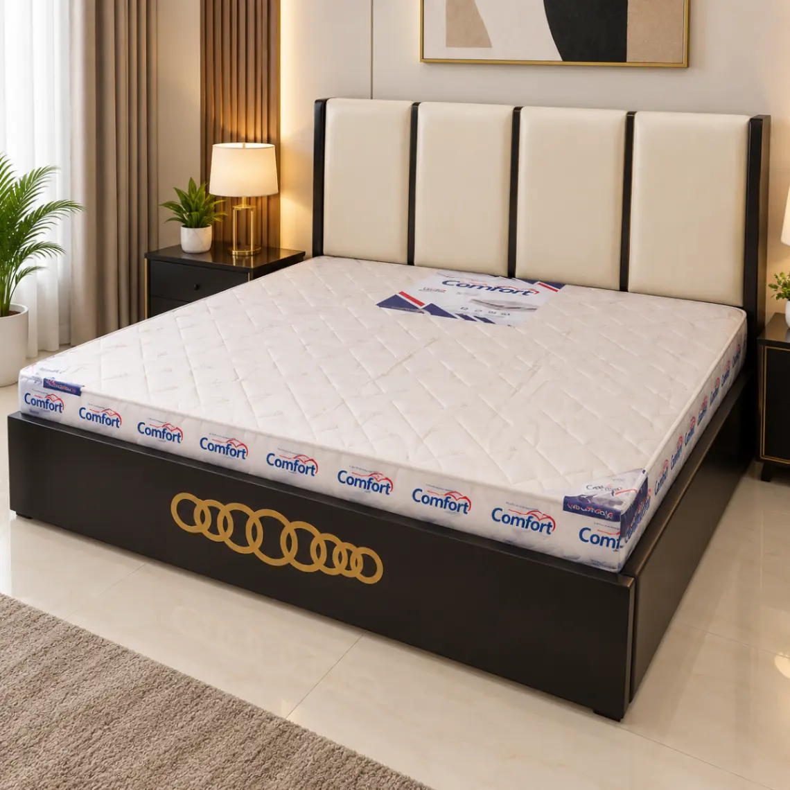 Haryana Traders Dark Wood Double Bed with Beige Panel Headboard & Gold Ring Accent