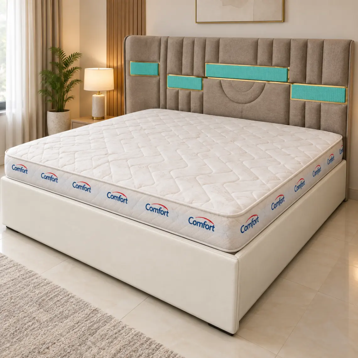 Haryana Traders White Double Bed with Taupe Panel Headboard & Aqua Accents