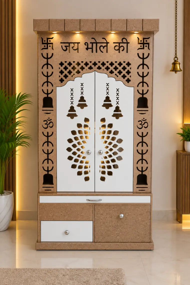 Haryana Traders Jai Bhole Ki Shiv Mandir with White Bell Cutwork Doors & Storage