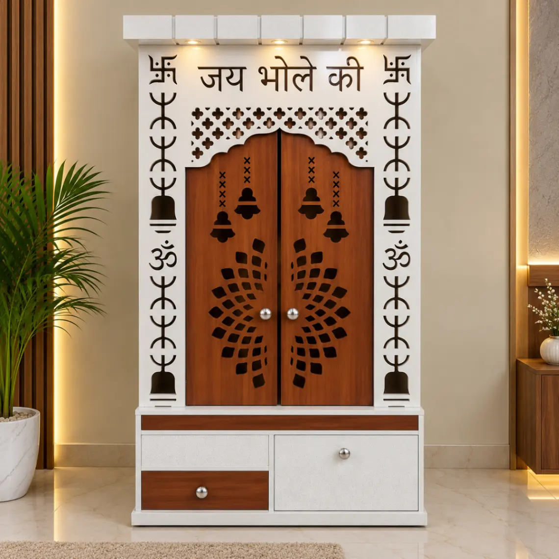 Haryana Traders Jai Bhole Ki Shiv Mandir with Brown Bell Cutwork Doors & Storage
