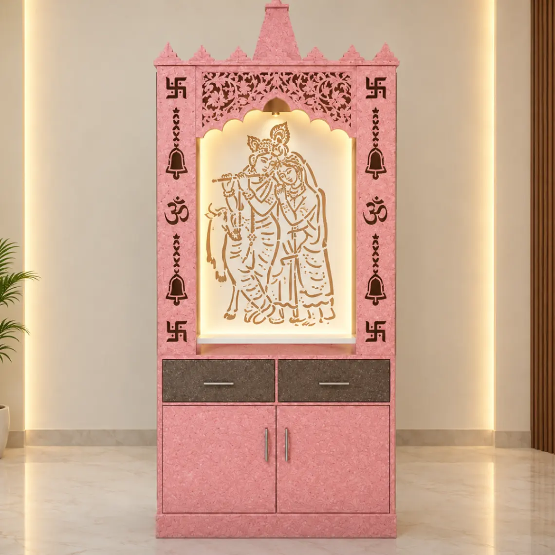Haryana Traders Radha Krishna Mandir with CNC Cutwork Panel & Storage